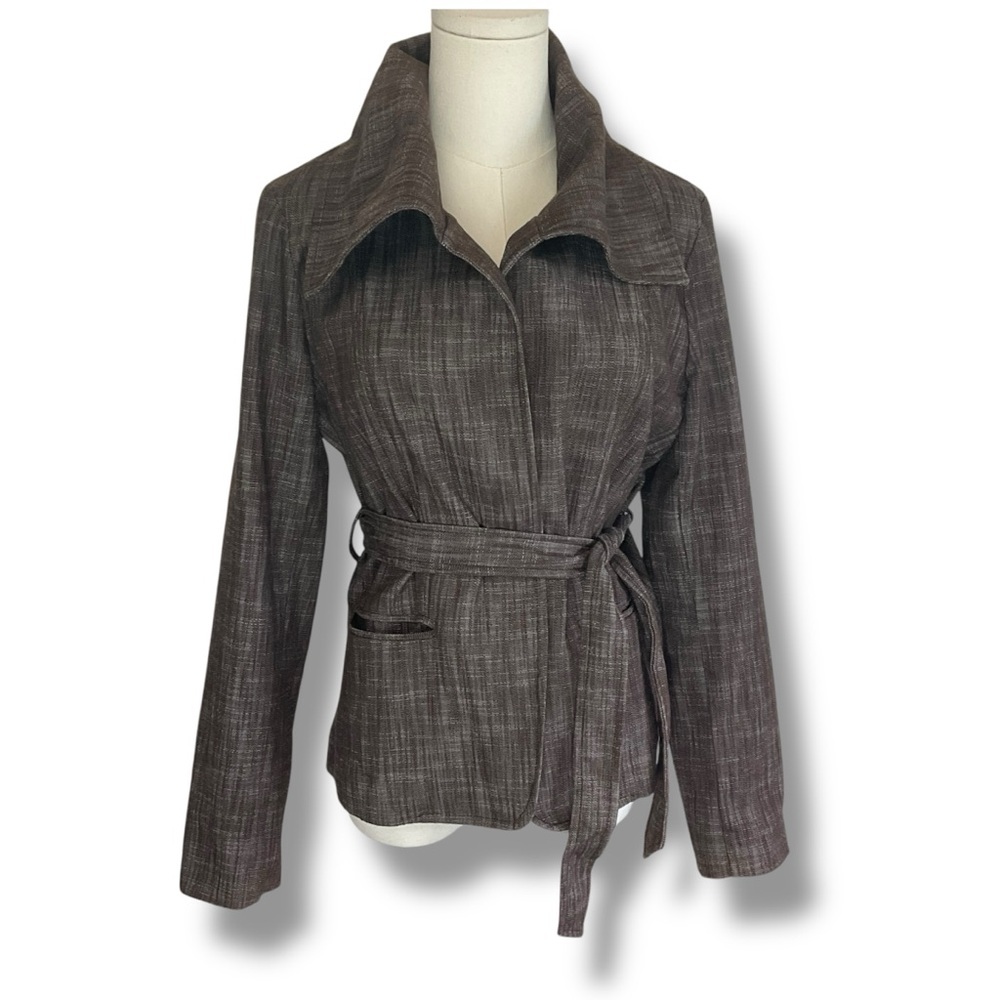 LIGHT Jacket Belted‎ Blazer Long Taupe Brown Cotton Blend Summer Size Small